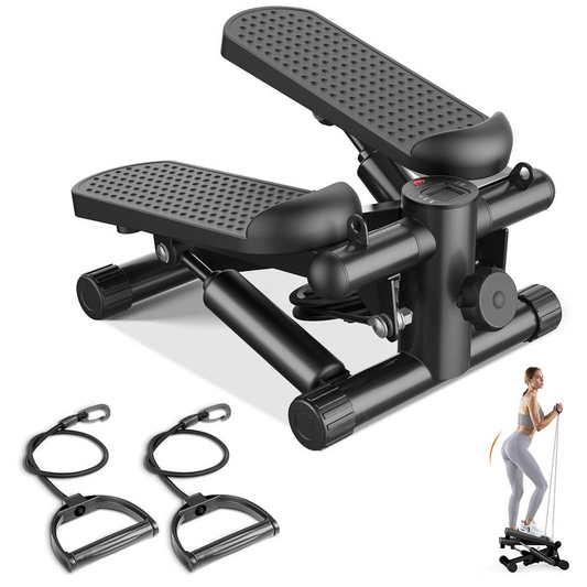 Black exercise stepper with resistance bands and a woman using it on a white background